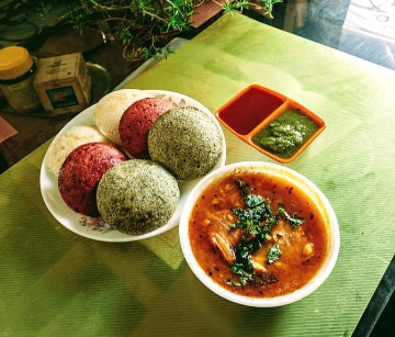 Colorful Veggie Idli with Dried Carrot Sambar